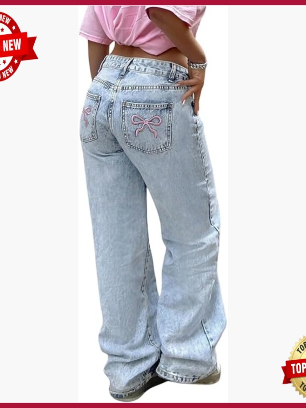 Straight Leg Boyfriend Denim Jeans with Bow Embroidery